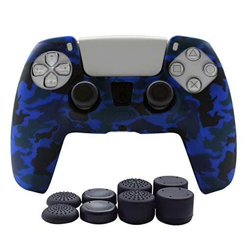 PS5 Controller Skin-Hikfly Silicone Cover for PS5 Controller Grips,Non-Slip Cover for Playstation 5 Controller- 1 x Skin with 8 x Thumb Grip Caps(BlueCamo)