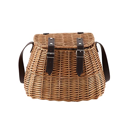 Fishing Creel Basket, Wicker Picnic Basket, Carrying Basket with Lid and Shoulder Strap