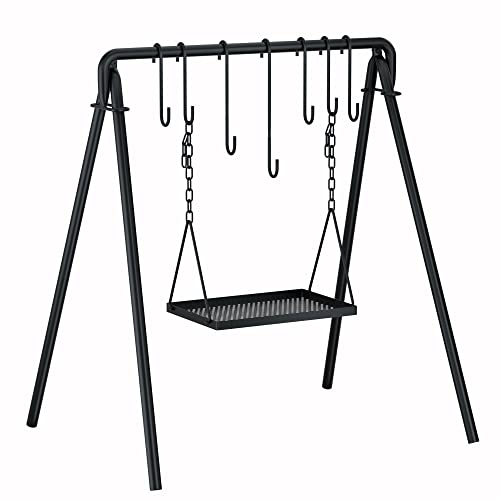 38' Grill Swing Large Campfire Grill Stand w/6 Hooks Cast Iron BBQ Grill Campfire Cooking Stand Cookware Hanging Rack Outdoor Picnic Camping Bonfire Party Barbecue Set for Cookware & Dutch Oven