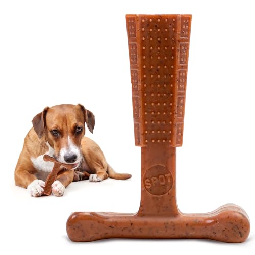 SPOT Bam-bones PLUS T Bone - Bamboo Fiber & Nylon, Durable Long Lasting Dog Chew for Aggressive Chewers – Great Toy for Adult Dogs & Teething Puppies under 60lbs, Non-Splintering, 6in, Beef Flavor