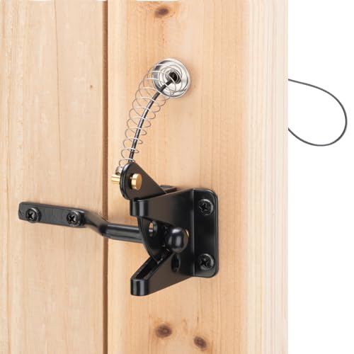 HILLMASTER Self Locking Gate Latch for Wooden Fence Heavy Duty,Gravity Lever Fence Door Latches with Steel Spring Cable Pull String Gate Hardware Gate Lock for Outdoor Secure Pool,Garden,Black Finish