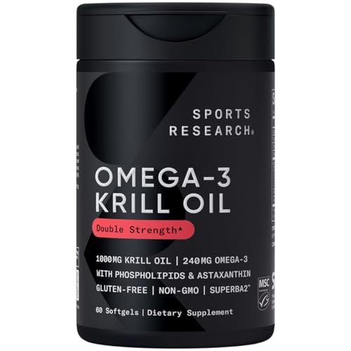 Sports Research Antarctic Krill Oil Omega 3 Softgels 1000mg (Double Strength) with Phospholipids, Choline & Astaxanthin - Sustainably Sourced, Non-GMO Verified & Gluten Free - 60 Capsules