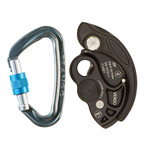 TRANGO Vergo Rock Climbing Belay Device & React Screwlock Locking Carbiner Package, Black