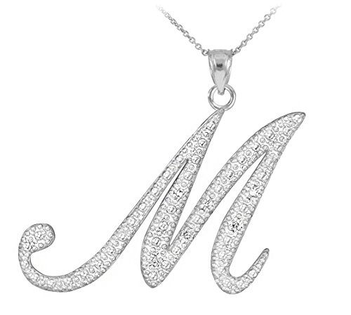 925 Sterling Silver CZ Script Initial Letter M Pendant Necklace, 16'