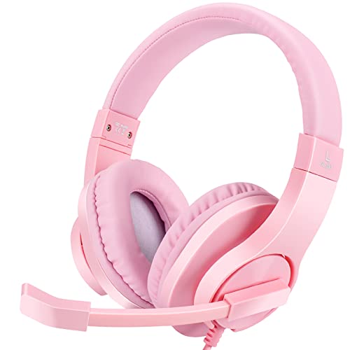 DIWUER Gaming Headset for Xbox One, PS4, PS5, Nintendo Switch, Bass Surround and Noise Cancelling 3.5mm Over Ear Headphones with Mic for Laptop PC Smartphones, Pink