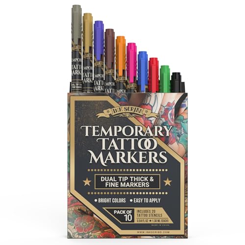 Ink Scribd Temporary Tattoo Markers - Premium Tattoo Pens For Skin - Assorted Colored Body Markers - Tattoo Starter Kit Supply With Stencil - Skin Safe - Pack of 10