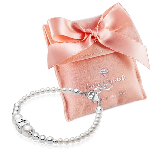 Baby Crystals Delicate Baptism Pearl Bracelet for Girls, Sterling Silver Cross Charm Baptism Gifts for Girl with white simulated Pearls from Swarovski, Girls Jewelry