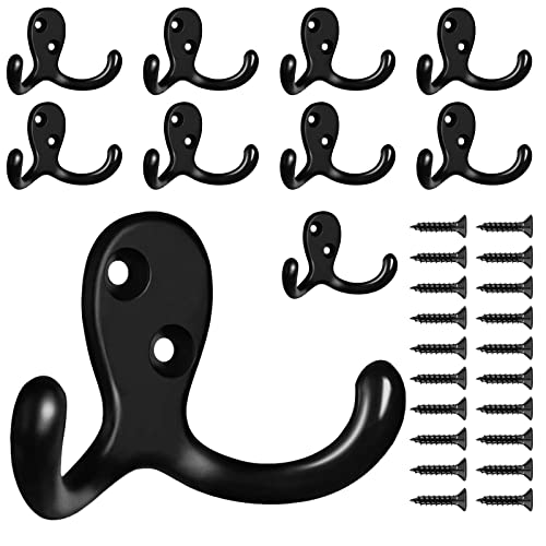 CBWLWJ 10Pack Coat Hooks Wall Hooks for Hanging，Heavy Duty Double Prong Coat Hooks Wall Mounted，with 20 Screws Black Hooks for Hanging Coat，Bag，Scarf，Towel，Hat，Key，Cup(Black)