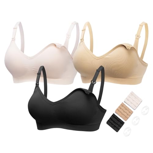 HOFISH 3 Pack Seamless Clip Down Deep V Neck Push Up Plus Size Nursing Bra Maternity Bras 3PACK Inlcuding Extenders & Clips, 3pcs/Pack (Push Up:Pink-Black-Beige), Small
