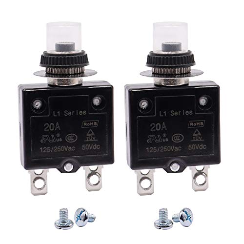 mxuteuk 2Pcs 20Amp Circuit Breakers Push Button Manual Reset 125/250V AC 50V DC, L1 Series Overload Protector Switch Thermal Circuit Breakers with Waterproof Button Caps L1-ls-20A