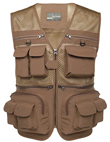 Flygo Mens Summer Outdoor Work Safari Fishing Travel Photo Vest with Pockets (X-Large, Khaki-mesh)