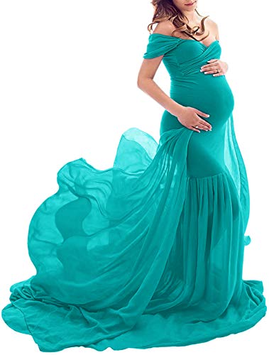 ZIUMUDY Maternity Chiffon Mermaid Gown Off Shoulder Dropped Sleeve Fitted Photo Shoot Photography Dress (Peacock Blue)