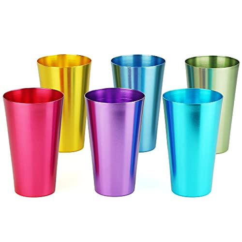 Aluminum Water Tumblers, Set of 6, Different Color, for Children and Adults, Travelling Tumblers, Party Tumblers, Stackable, 16oz (Large)