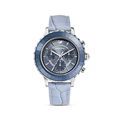 SWAROVSKI Octea Lux Chrono Watch, Swiss Quartz, with Blue Crystal Bezel, Stainless Steel Casing and Crocodile-Embossed Leather Strap, Part of Swarovski Octea Lux Chrono Collection