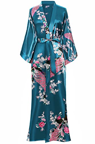 BABEYOND Women's Kimono Robe Long Satin Robes with Peacock and Blossoms Printed Kimono Nightgown