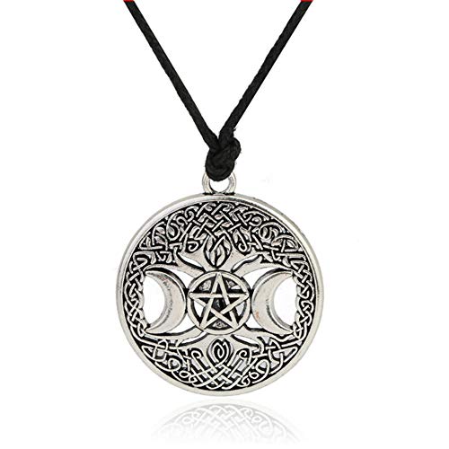 QIAN0813 Celttic Knot Triple Moon Pentagram Pentacle Star Wicca Pendant Necklace Round Pagan Jewelry (Antique silver)