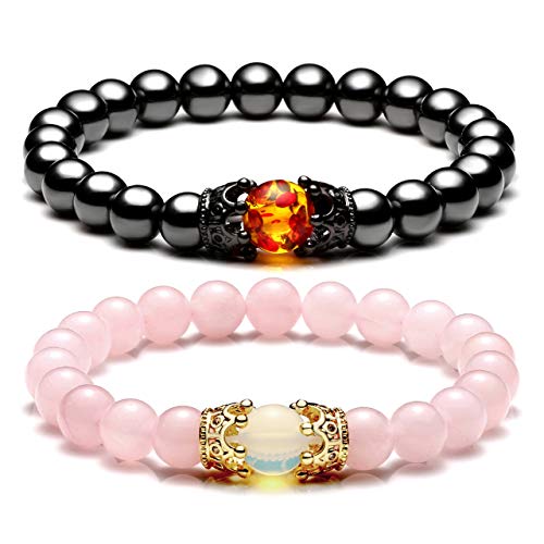 Jovivi 2pcs Couple Bracelets for Men Women 8mm Rose Quartz Hematite Healing Energy Beads Stretch Crown King Charm Bracelet Adjustable