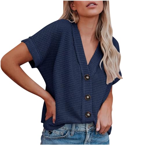 Women's Short Sleeve V Neck Ribbed Knit Button T Shirts Henley Solid Color Summer Tops(Navy, S)