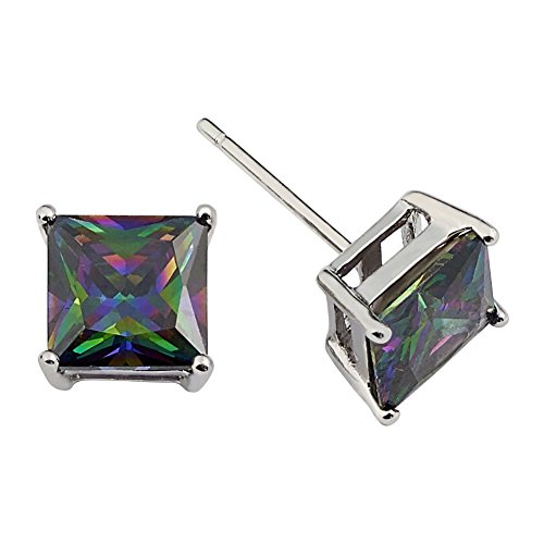 Princess Cut Rainbow Mystic Cz Stud Earrings on 925 Sterling Silver Rhodium Plated (5x5mm)