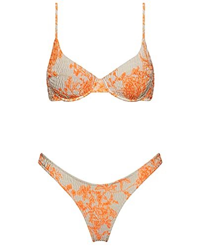 VOLAFA Women's Triangle Bikini Set Textured Frilled Smocked Ruched Push Up Swimsuit Two Piece Bathing Suit (Orange1, Small, Numeric_4)