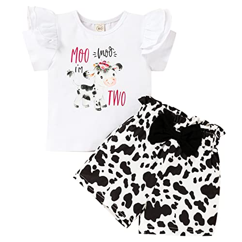 Viworld Baby Girl Two Birthday Outfits Ruffle Sleeve I'M Two Top + Cows Shorts Set Cake Smash Summer Clothes（Cows,2T