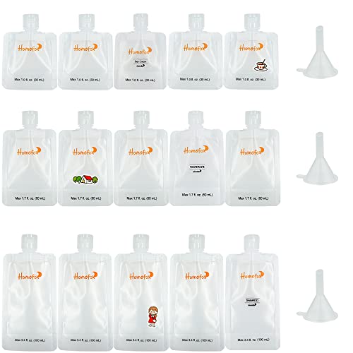 HOMEFOX 15 Pack Toiletry Refillable Empty Squeeze Pouch 1 oz. 1.7 oz. 3.4 oz. Travel Size Combo TSA approved Clear Container Bag Leak Proof for Lotion Cream Liquid Soap Mouthwash