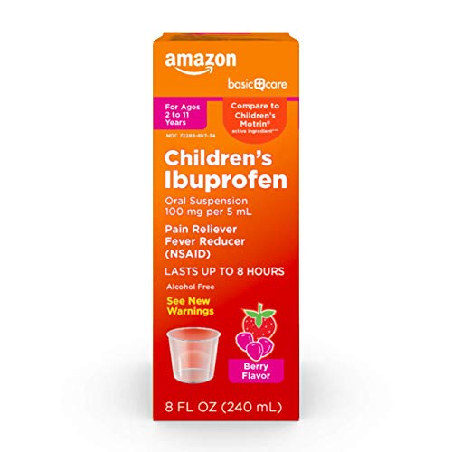 Amazon Basic Care Children's Ibuprofen Oral Suspension, 100 mg per 5 mL, Pain Reliever and Fever Reducer, Berry Flavor, For Sore Throat, Headache Relief and More, 8 fl oz (Pack of 1)