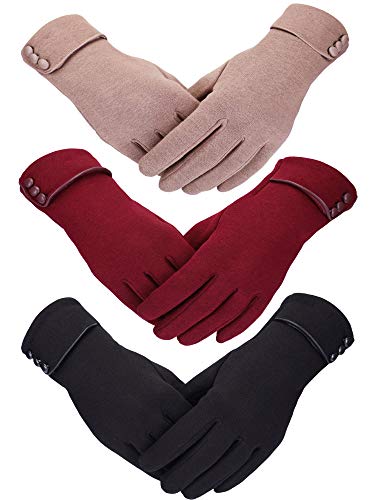 Patelai 3 Pairs Womens Gloves Winter Touchscreen Texting Phone Windproof Gloves Fleece Lined Cold Weather Warm Gloves (Black, Wine Red, Khaki)
