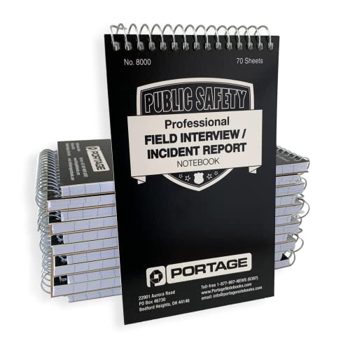 Portage Public Safety Police Field Interview Notebook – Top Bound Spiral Notebook with Template for Interviews, Accidents & Incident Reports – 3.75 x 6 Inches, 70 Sheets, 140 Pages, (Pack of 12)