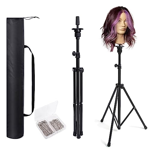 Goodofferplace GOODOFFER PLACE Wig Head Stand Metal Mannequin Head Tripod Stand Adjustable with Carrying Bag,30pcs T-PIN for Maniquins Head Manikin Head Training Canvas Block Head (Black)