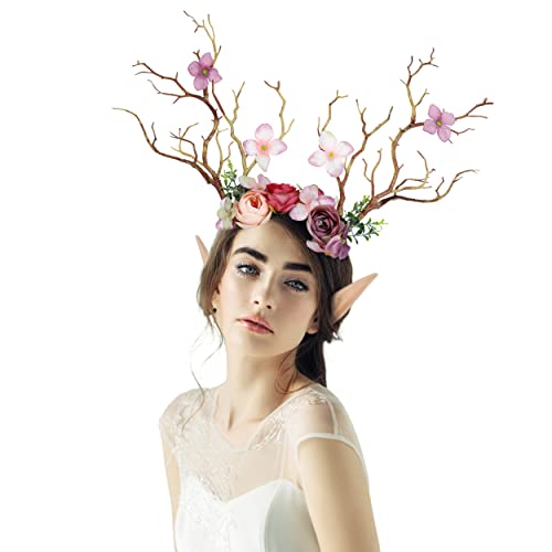 FRESHME Fairy Antlers Flower Crown - Handmade Elf Deer Reindeer Headbands Headpiece for Women Renaissance Cosplay Accessories