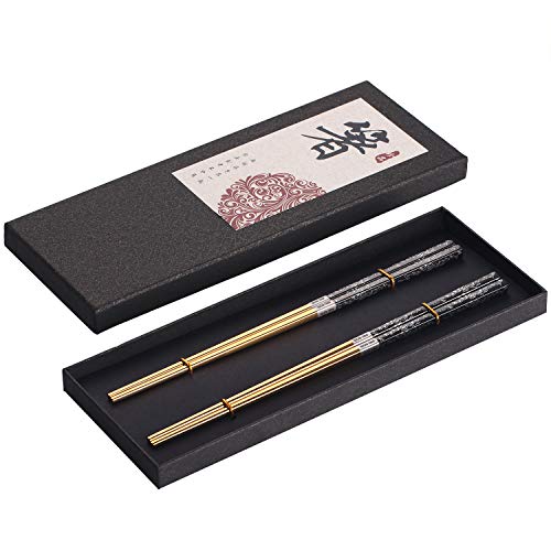 Chopsticks Reusable Titanium Plated Metal Chopsticks 304 Stainless Steel Chopstick Dishwasher safe Japanese Korean lightweight Engraved Anti-slip Chop sticks for Eating 2 Pairs Gift Set Black Gold