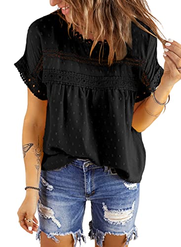 Dokotoo Summer Tops for Women Cute Lace Crochet Crewneck Short Sleeve Blouses Pom Pom Chiffon Babydoll Shirts for Women Teen Girls Casual Holiday Boho Clothing L Black