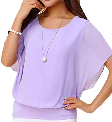 Neineiwu Women's Summer Casual Loose Fit Short Sleeve Batwing Batwing T-Shirt Shirt Chiffon Top Blouse (Purple XL)