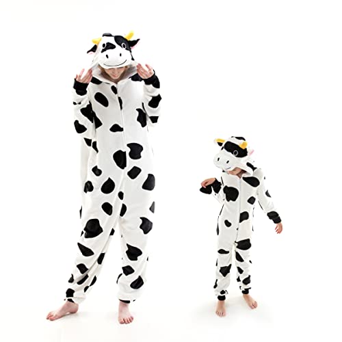 COSUSKET Fit Unisex Adult Cow Onesie Pajamas, Halloween Womens Cosplay Animal One Piece Costume (White/Black, Small)