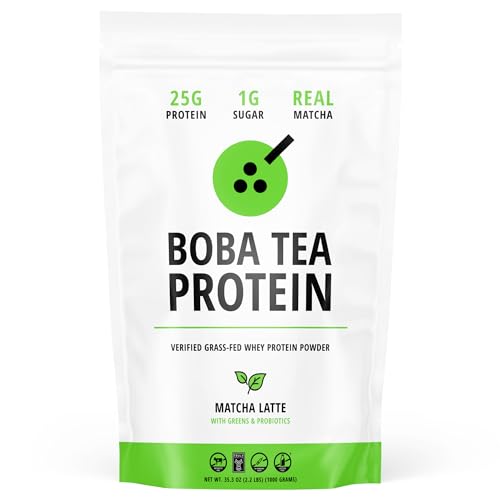 Boba Tea Protein Matcha Latte | 25g Grass-Fed Whey Protein Isolate Powder | Gluten-Free & Soy-Free Bubble Tea Protein Drink | Real Ingredients & Lactose-Free Protein Drink | 25 Servings