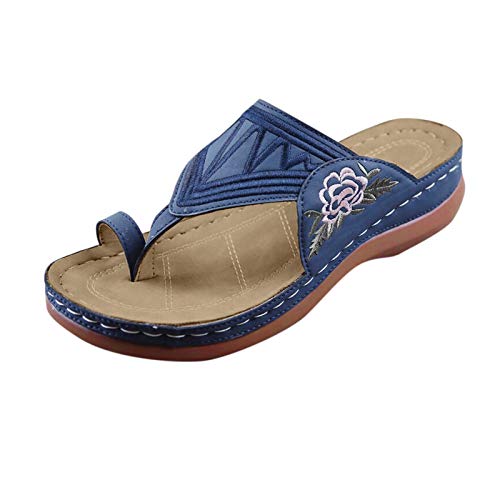 Plus Size Classic Slides Women's Flat Thong Sandal, Lightweight and Sporty Sandals with Embroidered Sandals Comfortable Blue_04, 8.5