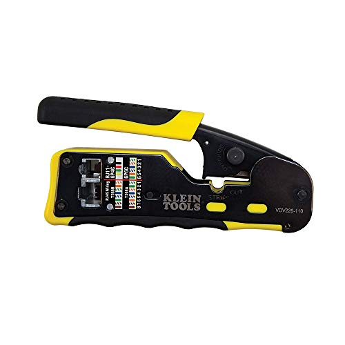 Klein Tools VDV226-110 Ratcheting Modular Data Cable Crimper / Wire Stripper / Wire Cutter for RJ11/RJ12 Standard, RJ45 Pass-Thru Connectors