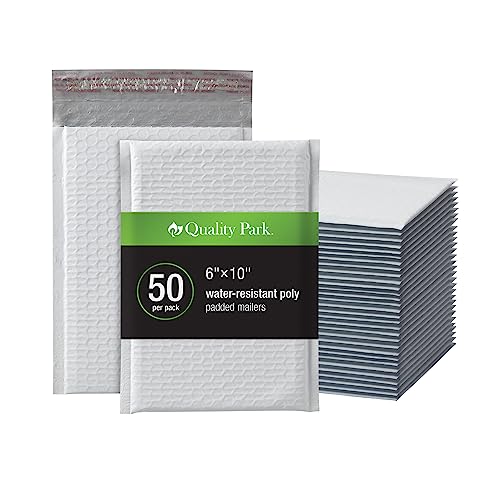 Quality Park Bubble Mailers, 6 x 10 Inch, White Poly Mailers, Padded Envelopes, Shipping Envelopes, Water Resistant, Self Seal, 50 Per Box (QUA85856)