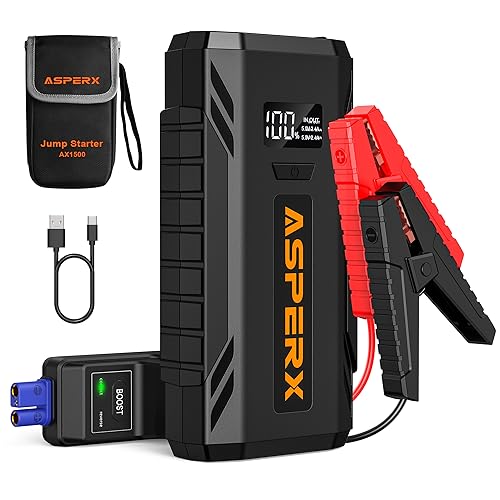 ASPERX Car Jump Starter, 1500A Peak Battery Starter for Up to 7.0L Gas or 5.5L Diesel Engine, 12V Portable Power Pack with 1.4 INCH LCD Display