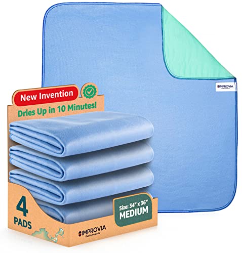 IMPROVIA Washable Underpads, 34' x 36' (Pack of 4) - Heavy Absorbency Reusable Bedwetting Incontinence Pads for Kids, Adults, Elderly, and Pets - Waterproof Protective Pad for Bed, Couch, Sofa, Floor