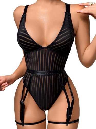 Kaei&Shi Sexy Bodysuit for Women, Plunge Backless Shapewear Ribbed Mesh Teddy Lingerie, Strappy Snap Crotch Thong Belt One Piece Vegas Outfits Cosplay Boudoir Going Out Black Large