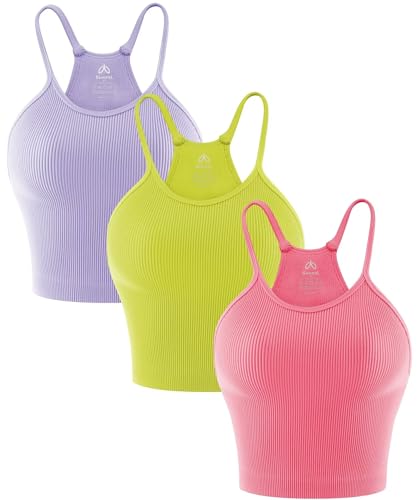 Sunzel Free to Be Tank, Crop Ribbed Tank Tops Seamless Racerback Camisoles No pad Camis Cropped Summer Workout Gym Yoga Lilac Fragilesprout Gumpink(3pcs) M/L