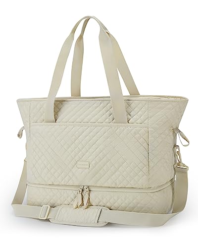 BAGSMART Weekender Overnight Bag 39L Large Travel Duffle Bag for Women, Quilted Cotton Sports Gym Bag with Shoe Compartment, Carry-on Bag with Multiple Pockets, Machine Washable(Beige)
