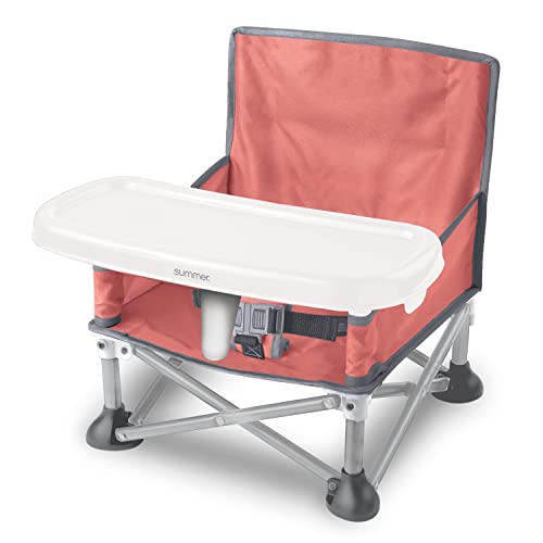 Summer by Bright Starts Pop 'N Sit Portable Booster Chair, Floor Seat, Indoor/Outdoor Use, Compact Fold, Coral, 6 Mos - 3 Yrs