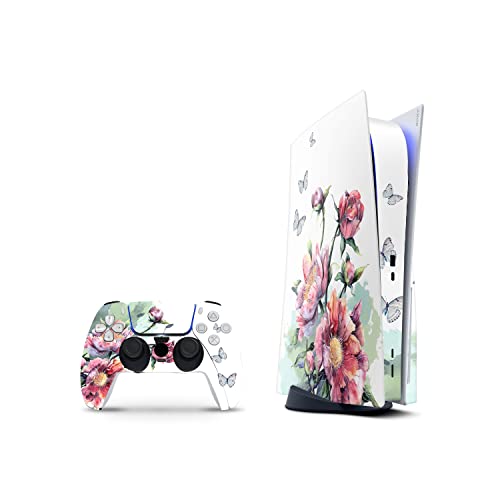 PS 5 Skin for Console and 2 Controllers by ZOOMHITSKINS, Same Decal Quality for Cars, White Pink Green Flowers Art Vintage Painting, Durable, Bubble-Free, Compatible with PS 5 W/Disk, Precisely Cut