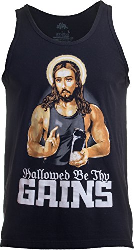 Ann Arbor T-shirt Co. Hallowed Be Thy Gains | Funny Muscle Jesus Weight Lifting Workout Humor Tank Top-(Adult, XL) Black