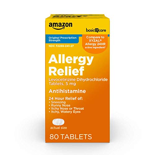 Amazon Basic Care 24 Hour Allergy Relief, Levocetirizine Dihydrochloride Tablets, 5 mg, Antihistamine, Relieves Sneezing, Runny Nose, Itchy Nose or Throat and Itchy, Watery Eyes, 80 Count