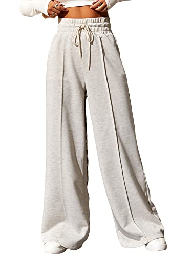 SOLY HUX Women's Drawstring High Waisted Wide Leg Long Pants Casual Sweatpants Light Grey M