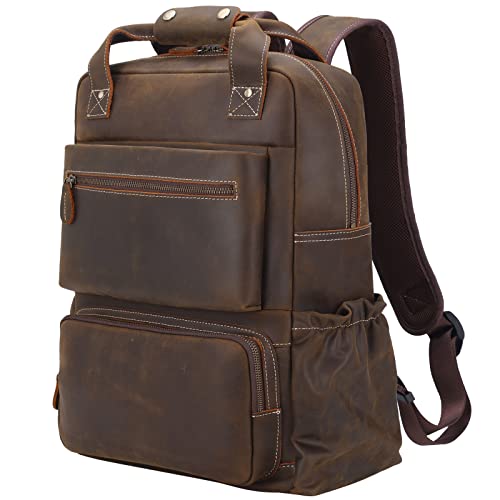 TIDING Full Grain Leather 17 Inch Computer Backpack for Men Vintage Travel Rucksack Office Business Laptop Back Pack